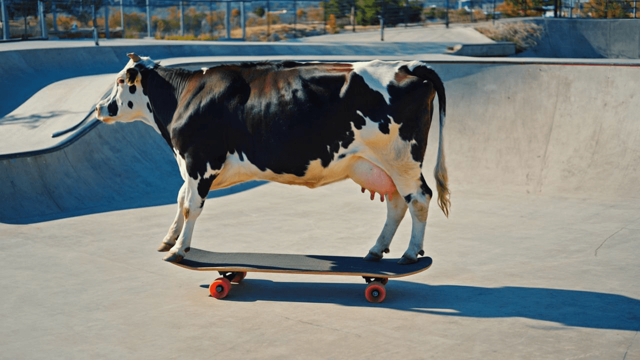 AI-generated whimsical cow on skateboard
